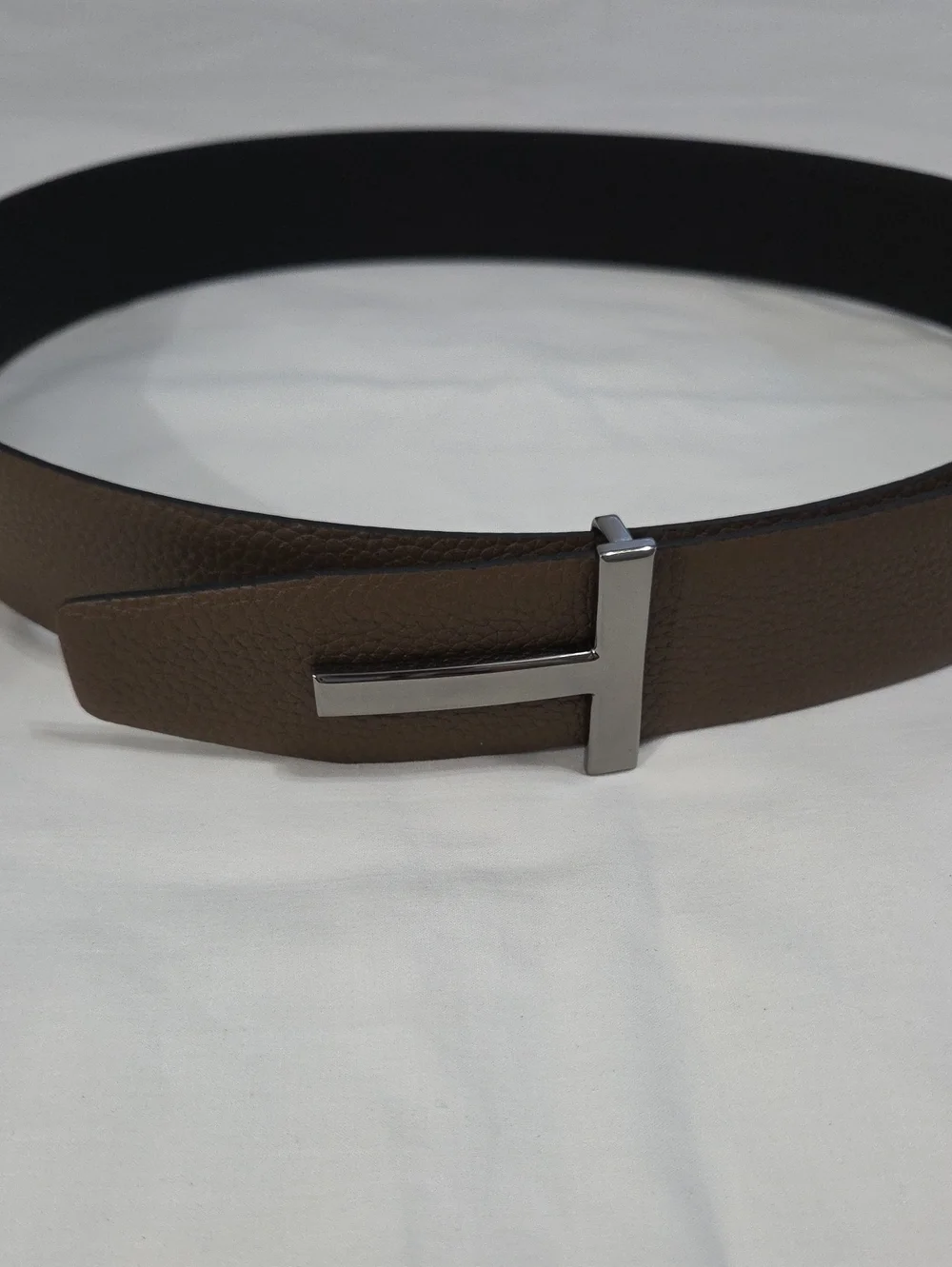 Tom Ford Black & Brown Leather Belt with Black Chrome T Accent